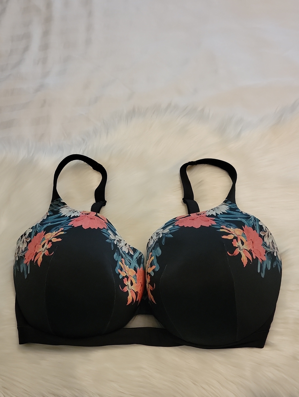 Cacique Women's Bra 46J Lightly Lined Baiconette Black Floral Pastel Flower